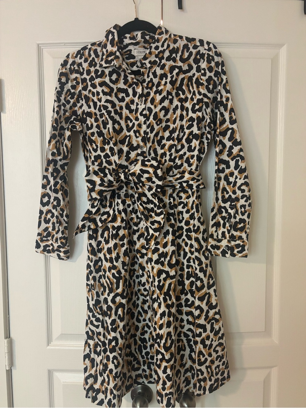 J. Crew Long-Sleeve Leopard Print Tie-Waist Dress in Black, White & Tan